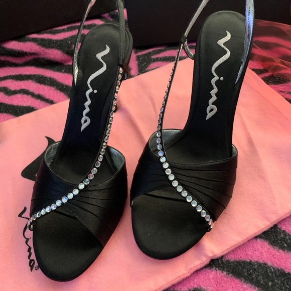 Vergone - Nina Black Statin Open Toe Heels - Picture 1 of 16